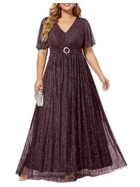 Plus Size Sequin Short Sleeve Formal Wedding Guest Maxi Dress
